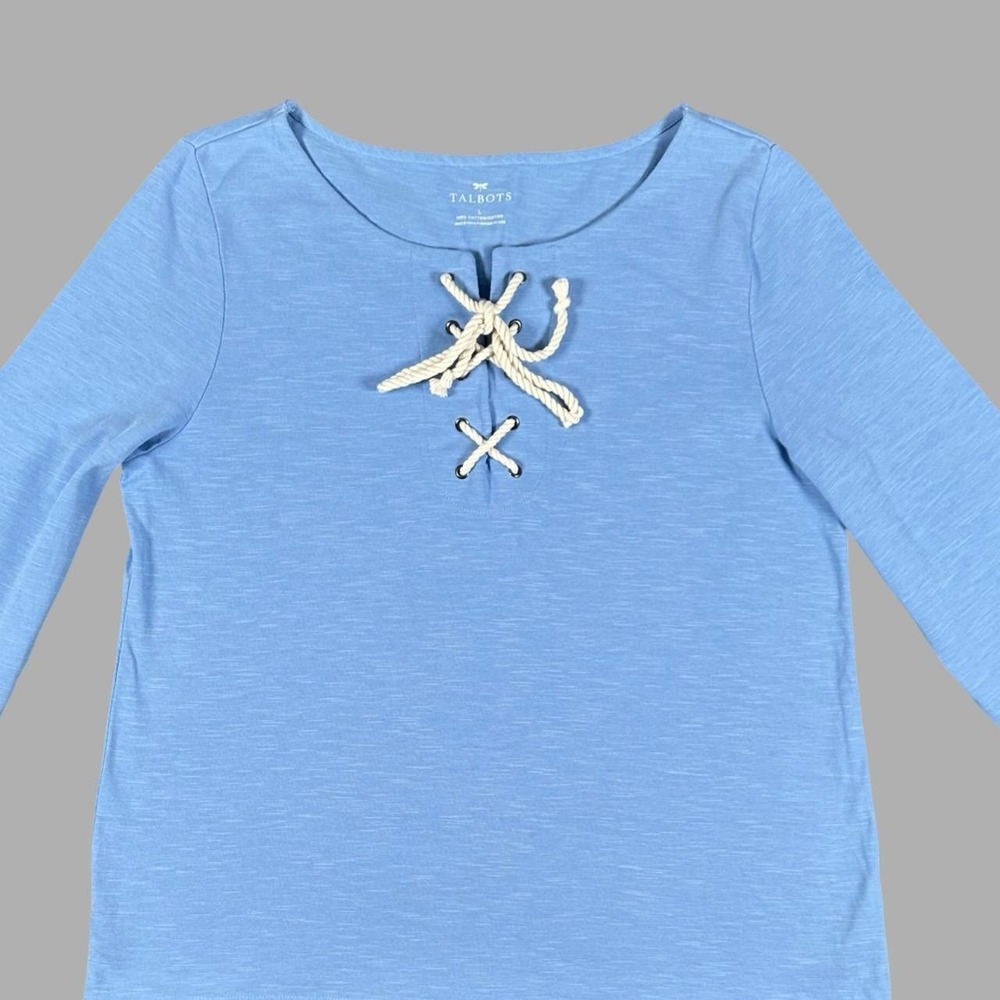 Talbots Rope Lace Up Neck Long Sleeve Top Size L Blue Cotton Preppy Nautical